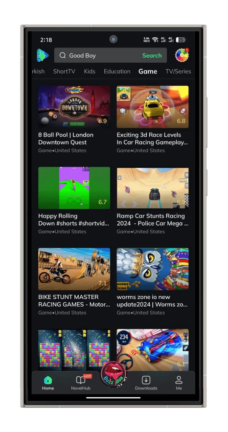 MovieBox Pro home screen with poster rails, streaming quality options, subtitles, casting, and dark mode