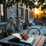 Sunlit Italian villa terrace with a bicycle and peaches, evoking the summer setting of Call Me by Your Name