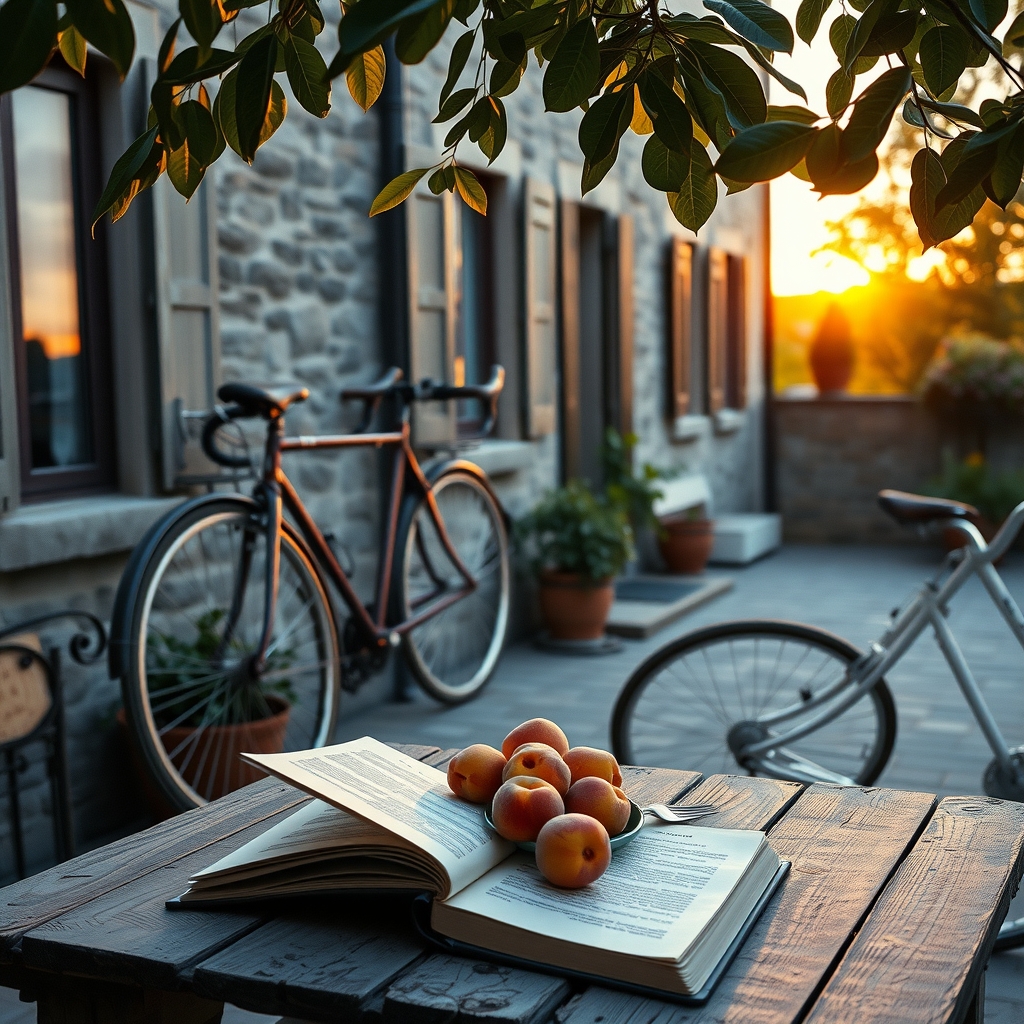 Sunlit Italian villa terrace with a bicycle and peaches, evoking the summer setting of Call Me by Your Name