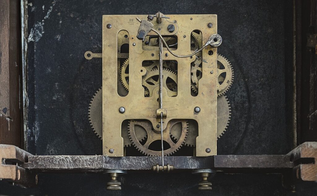 Close-up of clock gears, a nod to the TVA and branching timelines