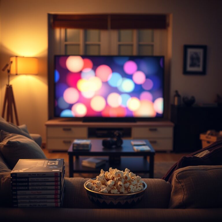 Cozy living room set up for a movie night with popcorn and a stack of DVDs