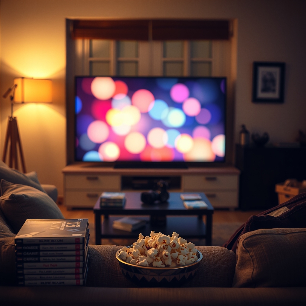 Cozy living room set up for a movie night with popcorn and a stack of DVDs